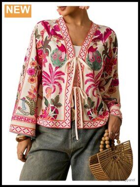 Plus Size Boho Bow Tie Front Bell Sleeve Peasant Blouse